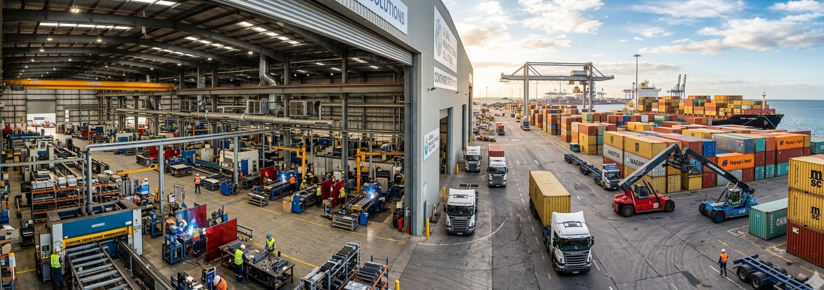 ABN Group factory floor and container depot with trucks and shipping containers